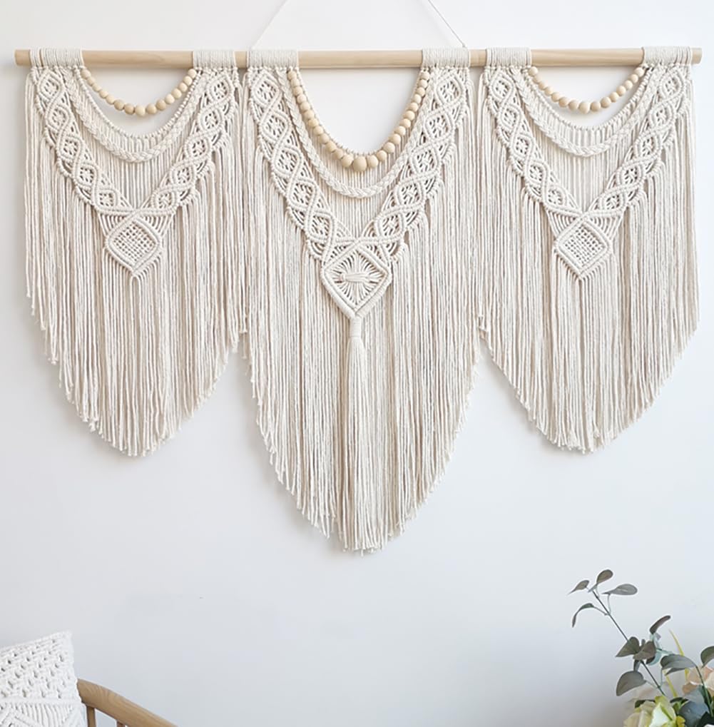Achart macrame wall hanging large with wooden beads enhances boho living room decor
