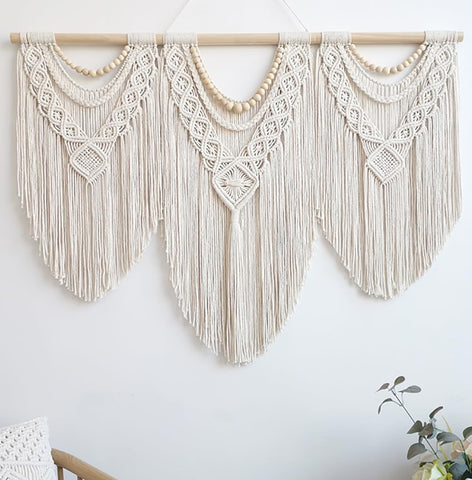 Achart macrame wall hanging large with wooden beads enhances boho living room decor
