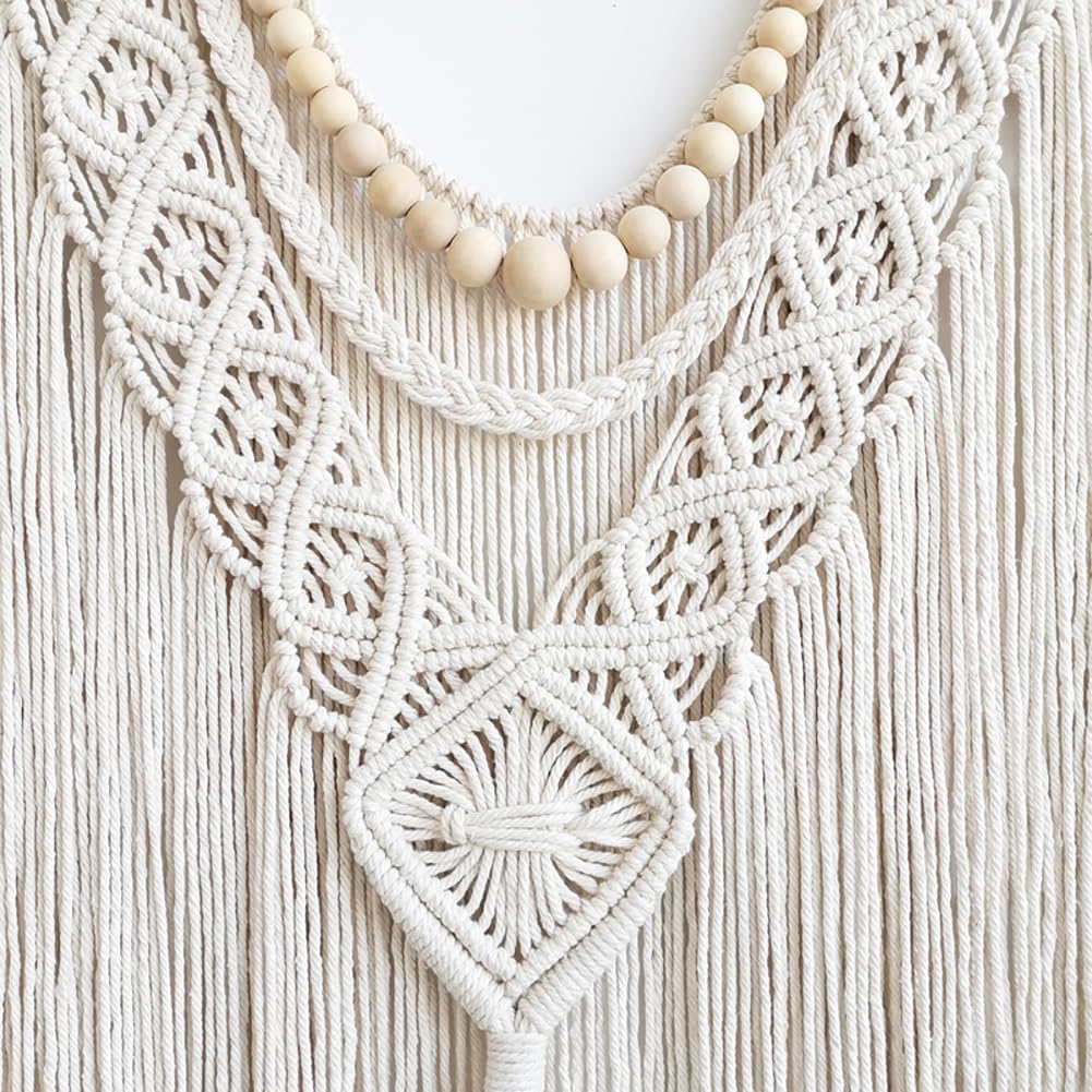 Achart macrame wall art with natural wood rod blends with neutral interiors