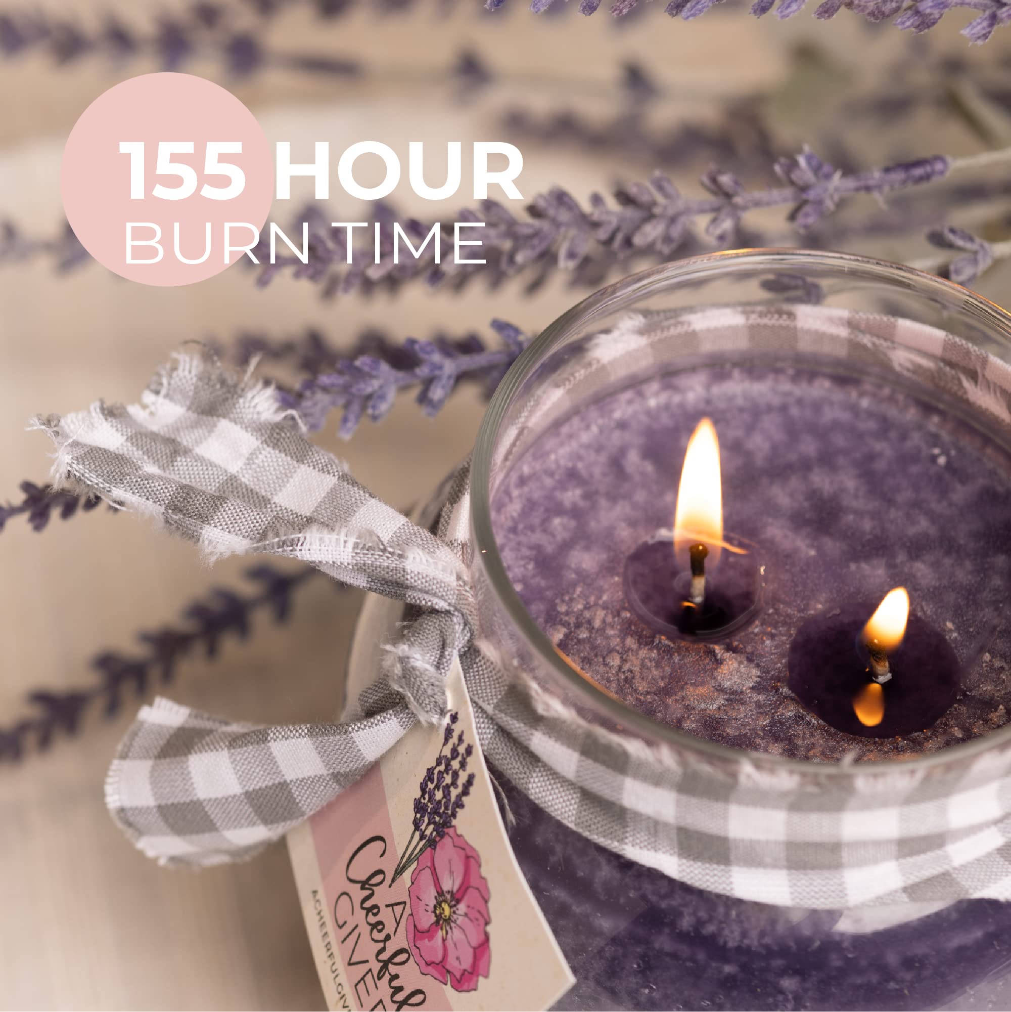 A Cheerful Giver double-wick candle delivers cleaner burn and stronger scent.