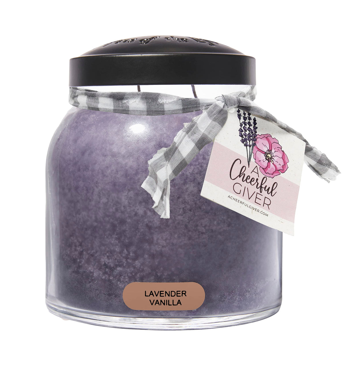 A Cheerful Giver Lavender Vanilla 34oz candle jar with long burn time and calm aroma.