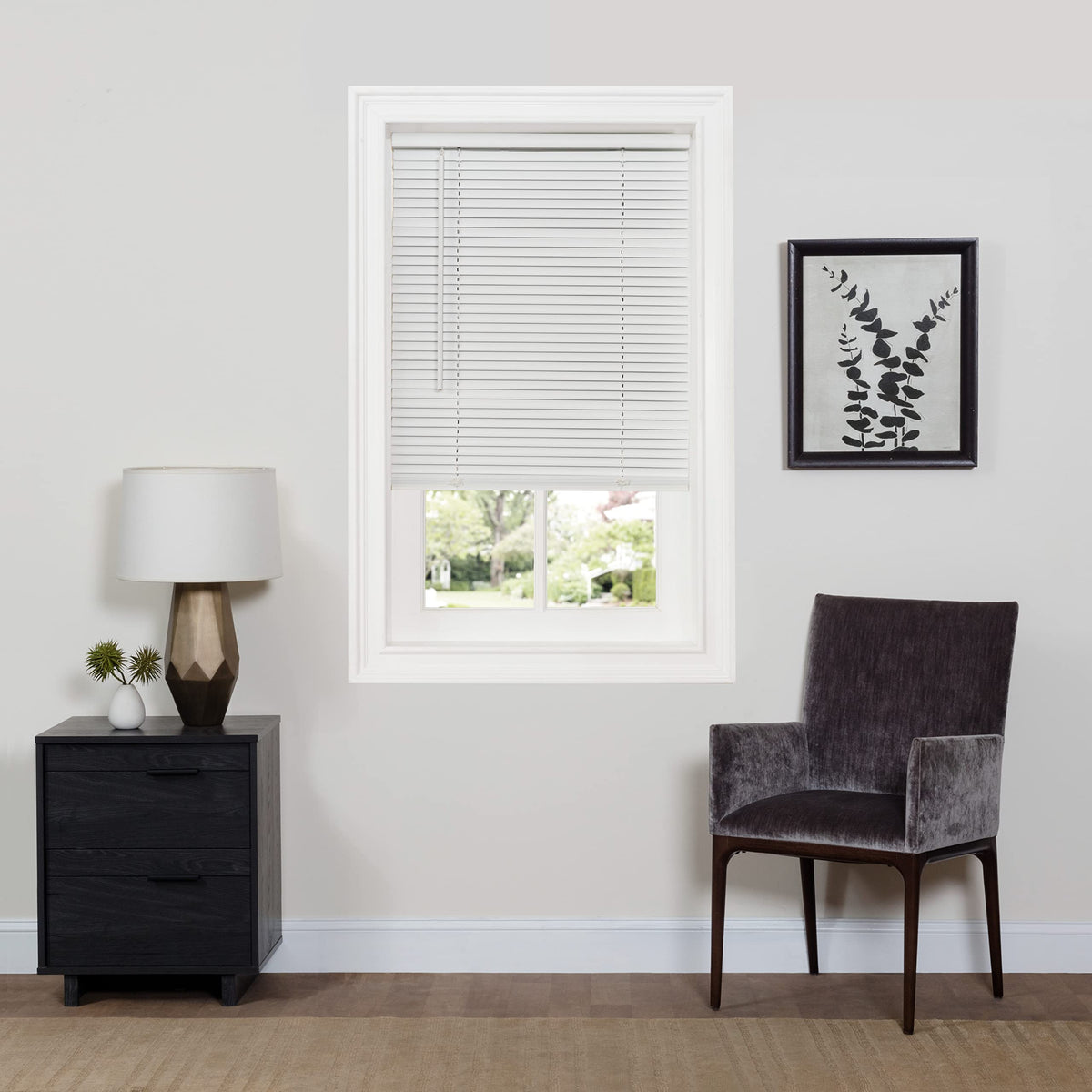 Achim Cordless Sundown mini blind Pearl White front view for privacy and light control