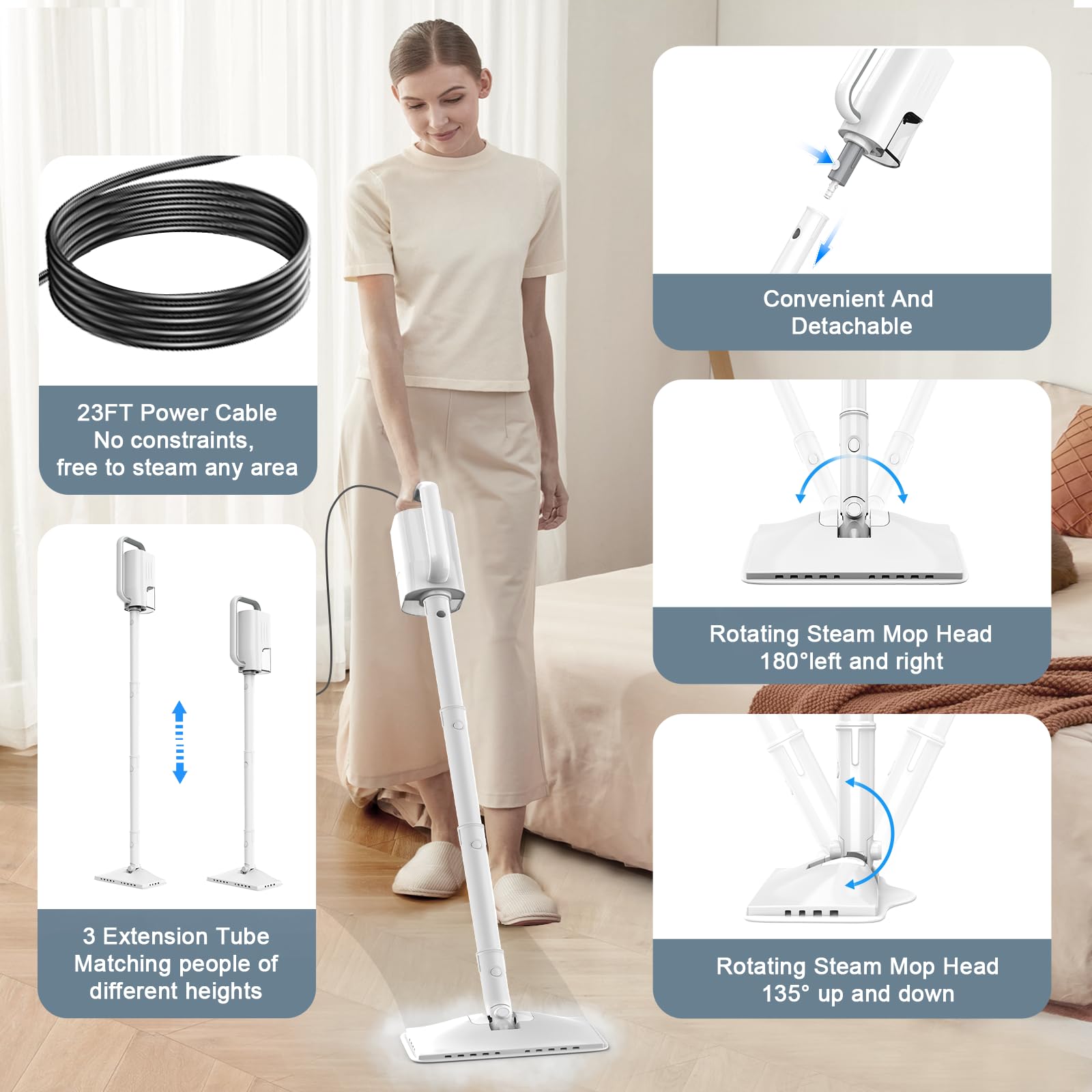 ACHTFACH 6-in-1 steam mop extended tubes for tall cleaning reach