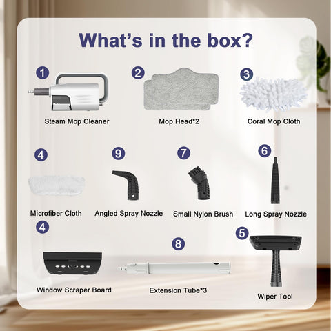 ACHTFACH steam mop in use with safety features and ready to clean.