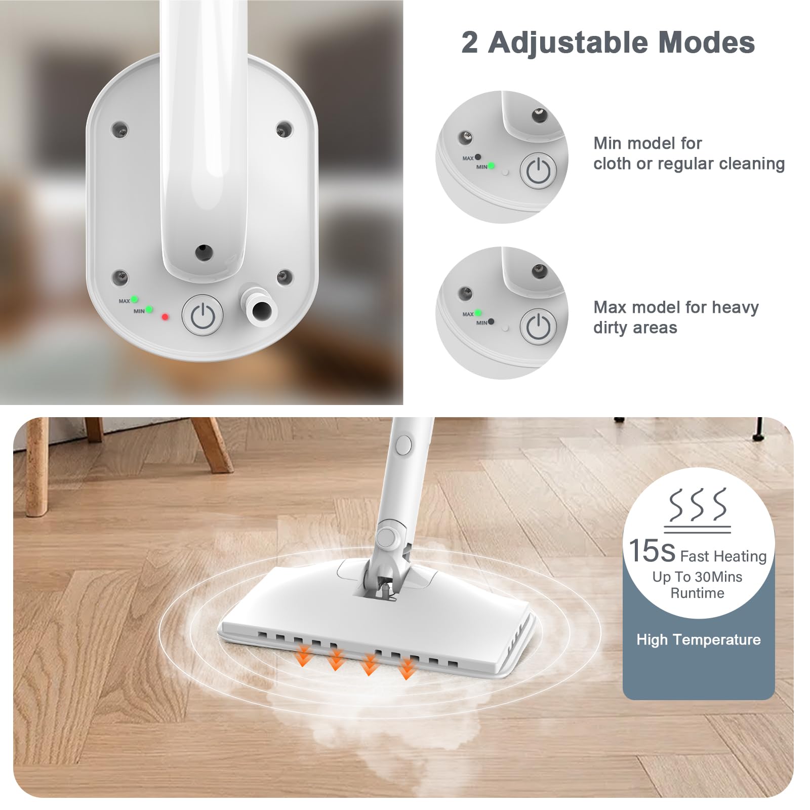 ACHTFACH 6-in-1 steam mop rotated head cleans under furniture
