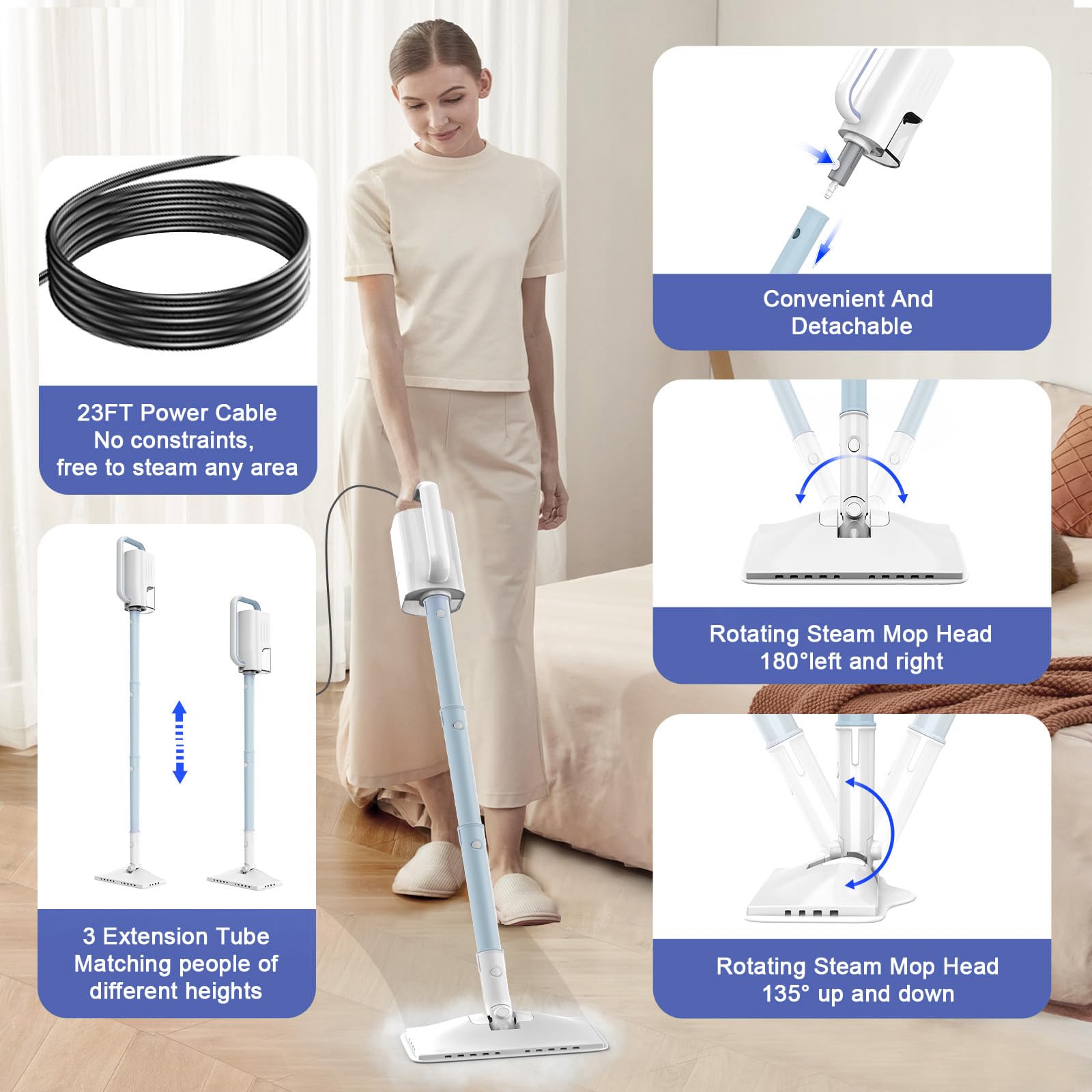 ACHTFACH steam mop with attachments shows five heads for versatile surfaces and stains.