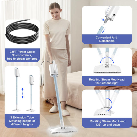 ACHTFACH steam mop with attachments shows five heads for versatile surfaces and stains.