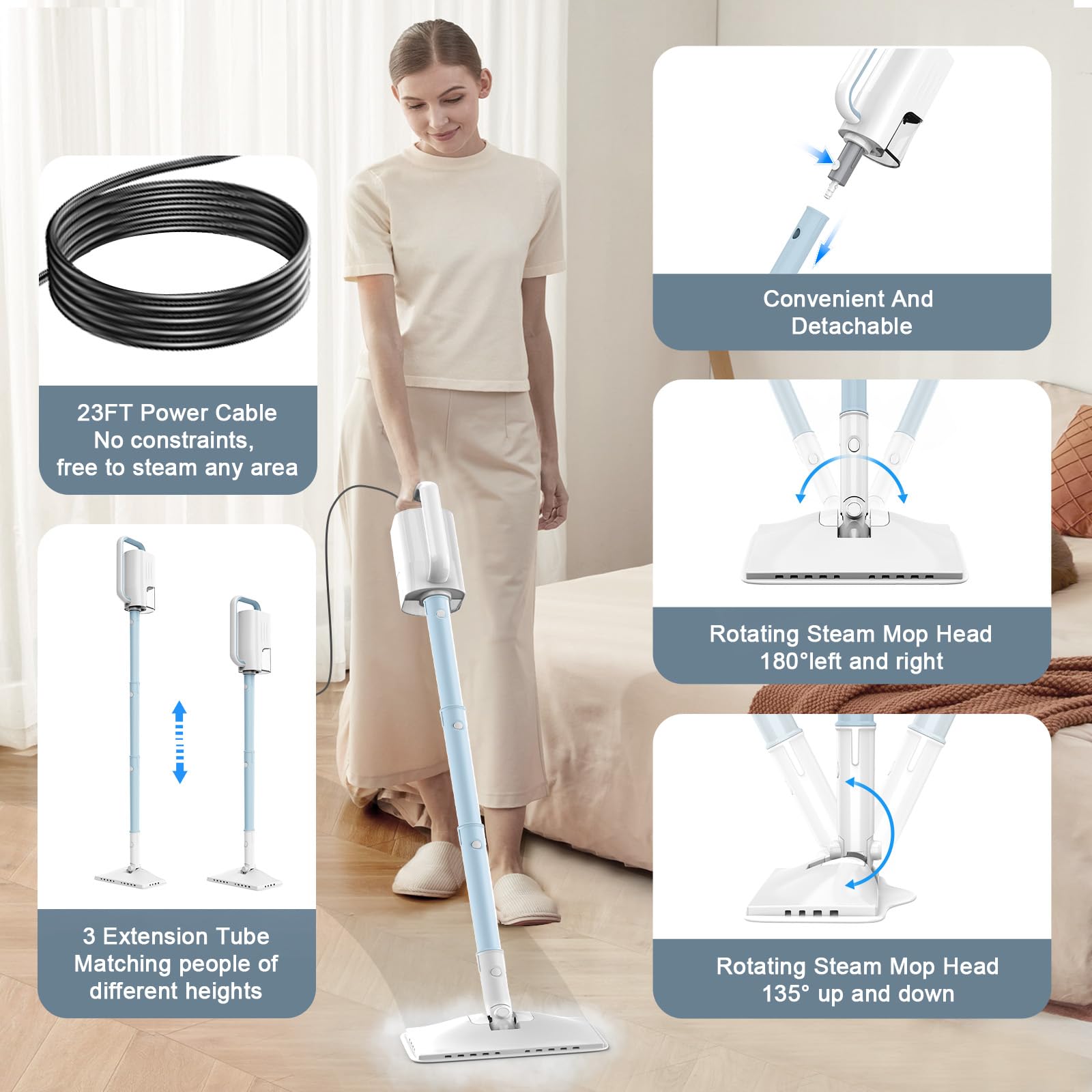 ACHTFACH Steam Mop Azure in action on hardwood floors for quick cleaning.