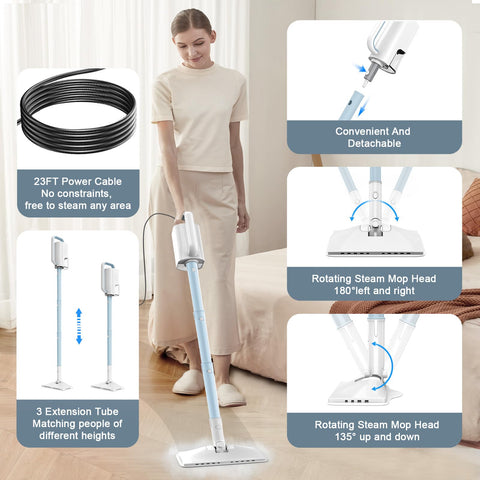 ACHTFACH Steam Mop Azure in action on hardwood floors for quick cleaning.