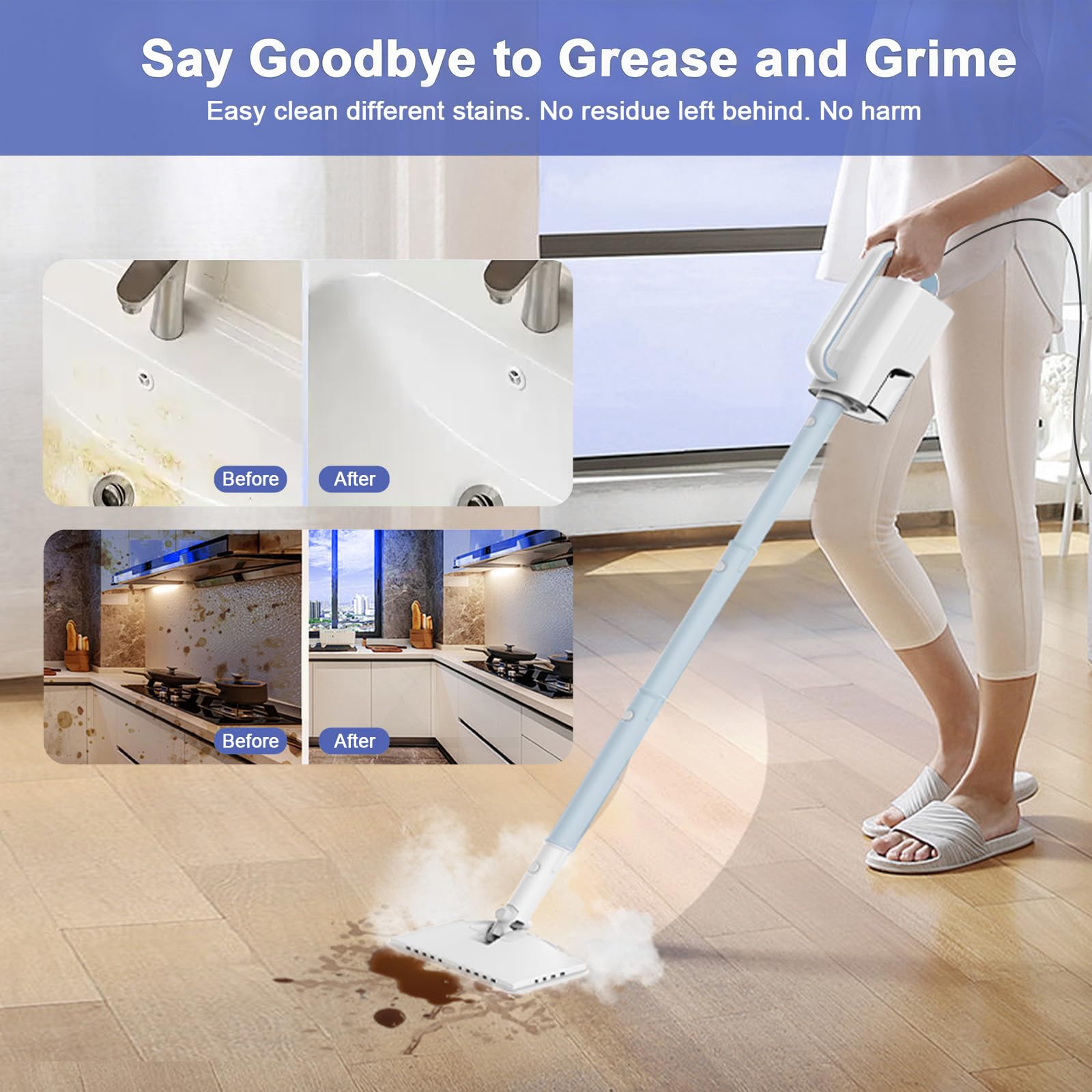 ACHTFACH dual-mode cleaning demonstrates adaptable steam across floor types.