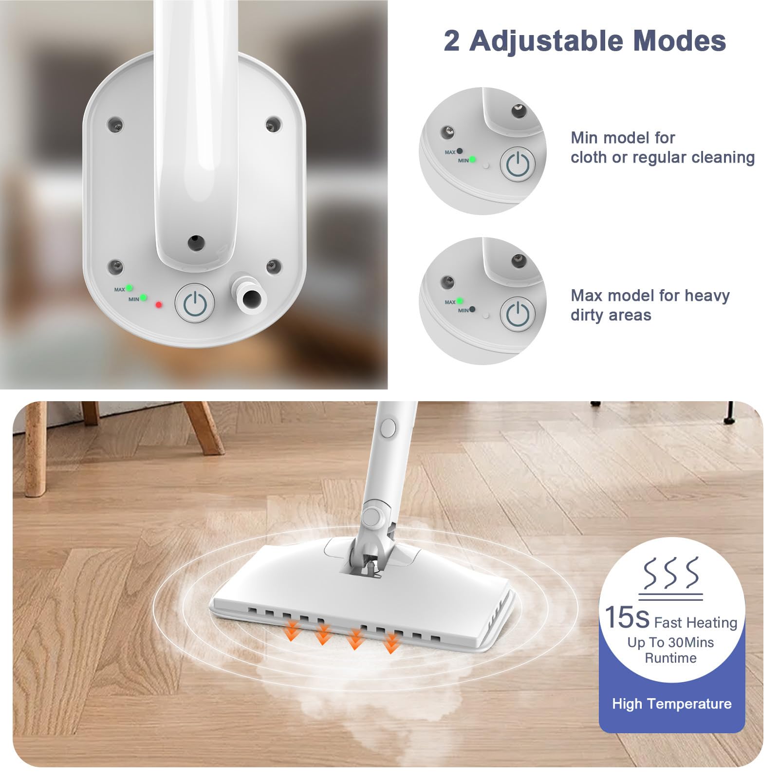 ACHTFACH steam mop offers a long 23ft cord for extended reach.
