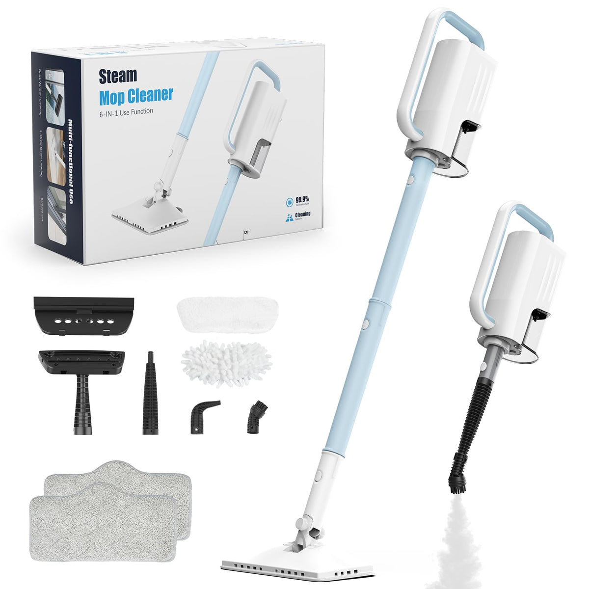 ACHTFACH steam mop sapphire blue front view highlighting compact design for daily cleaning.