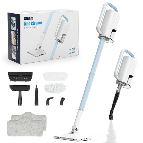 ACHTFACH steam mop sapphire blue front view highlighting compact design for daily cleaning.