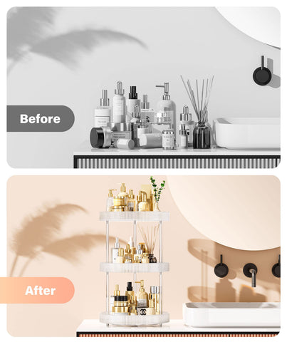 Acina bathroom counter organizer offers 360° access to lotions and perfume.