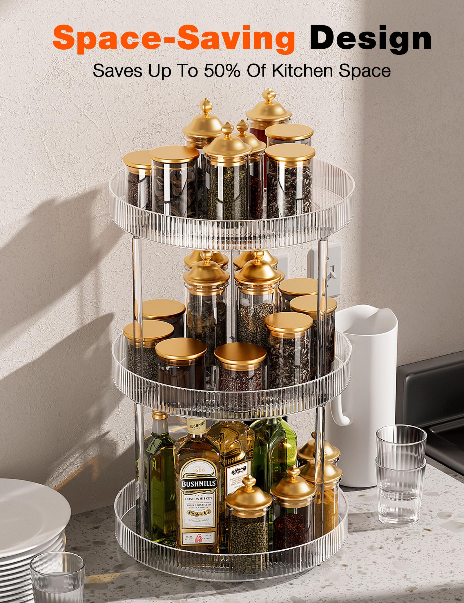 Acina clear rotating tray keeps cosmetics visible and within reach.