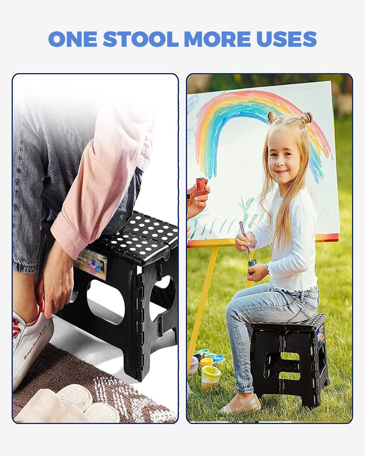 ACKO folding stool nonslip feet ensure stable footing on slick floors.