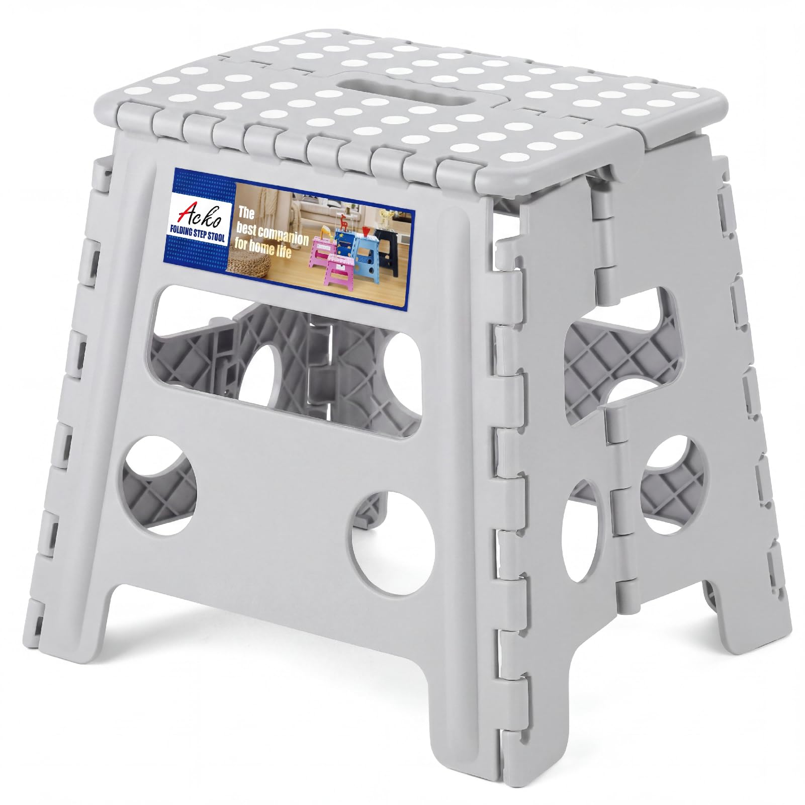 ACKO folding step stool 13-inch height provides sturdy reach for high shelves.
