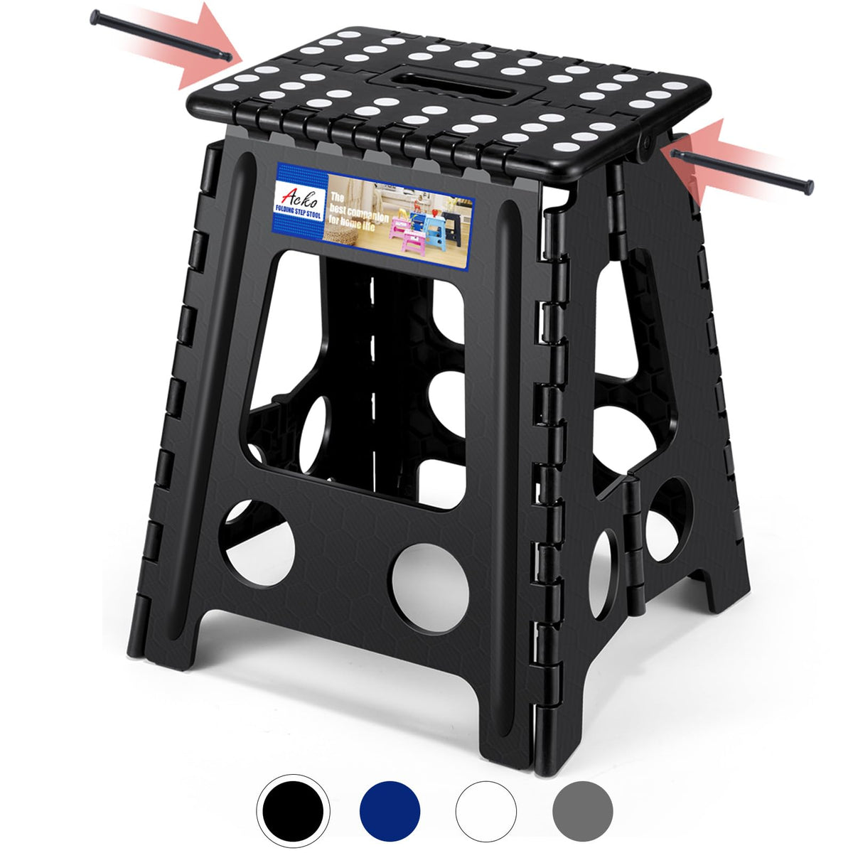 ACKO folding step stool 16-inch reach for high shelves.