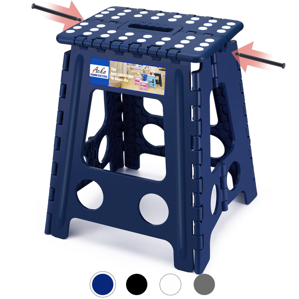 ACKO folding step stool royal blue offers stable reach for kitchen cabinets.