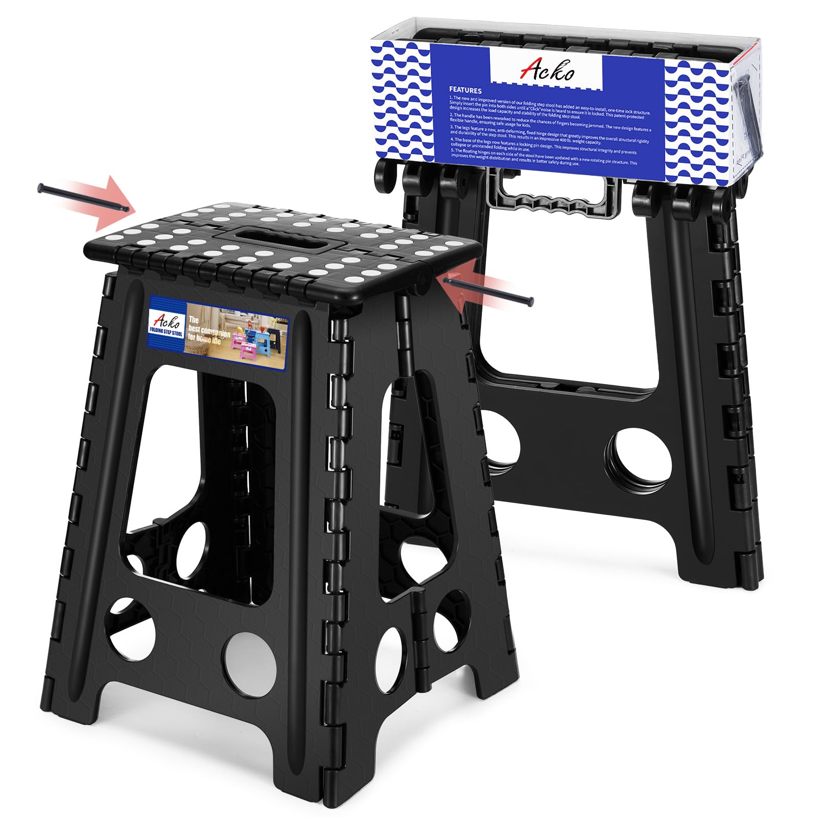 ACKO folding step stool 17.5-inch in action offers stable reach for shelves.