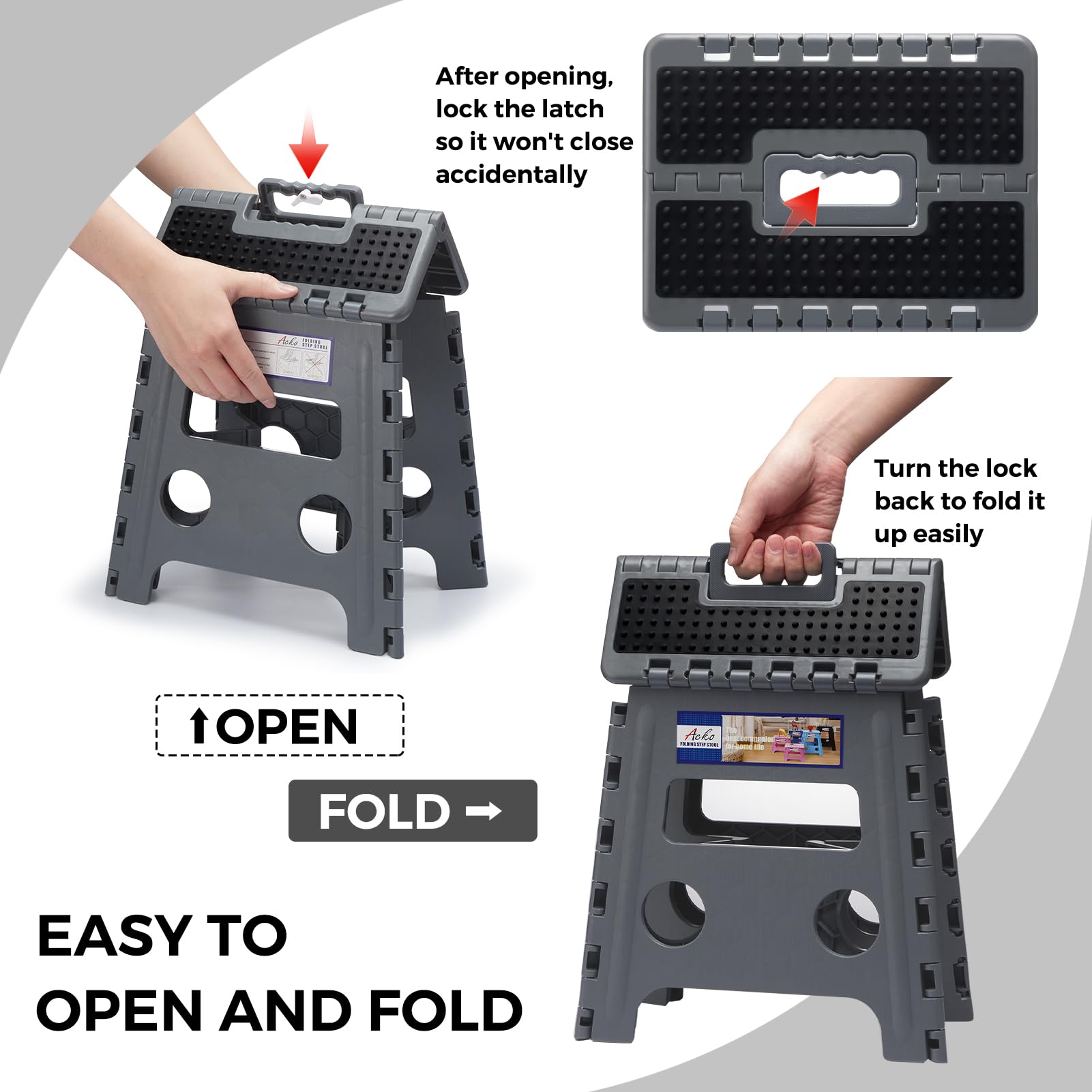 ACKO step stool folded compactly fits in a cabinet, saving closet space.