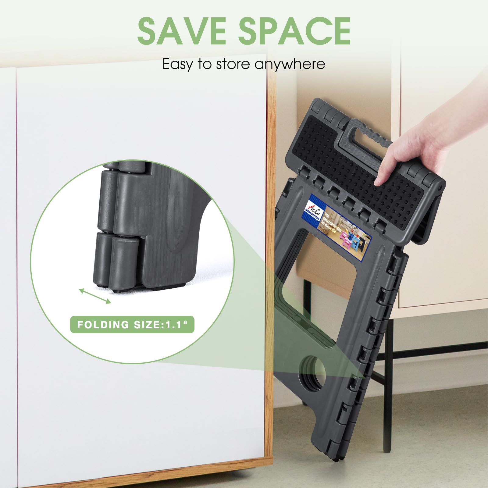 ACKO 16 inch stool folds compactly for easy storage.
