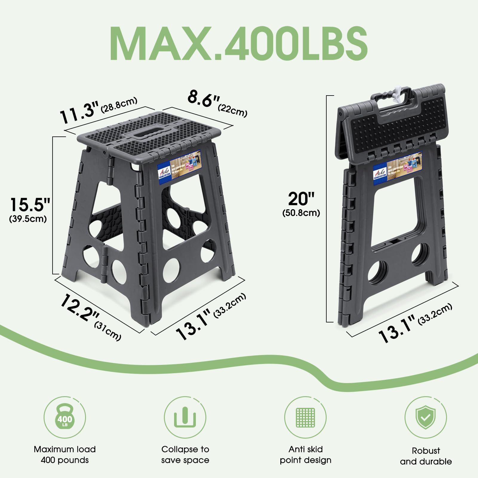 ACKO folding step stool handle provides stable footing for reaching shelves.