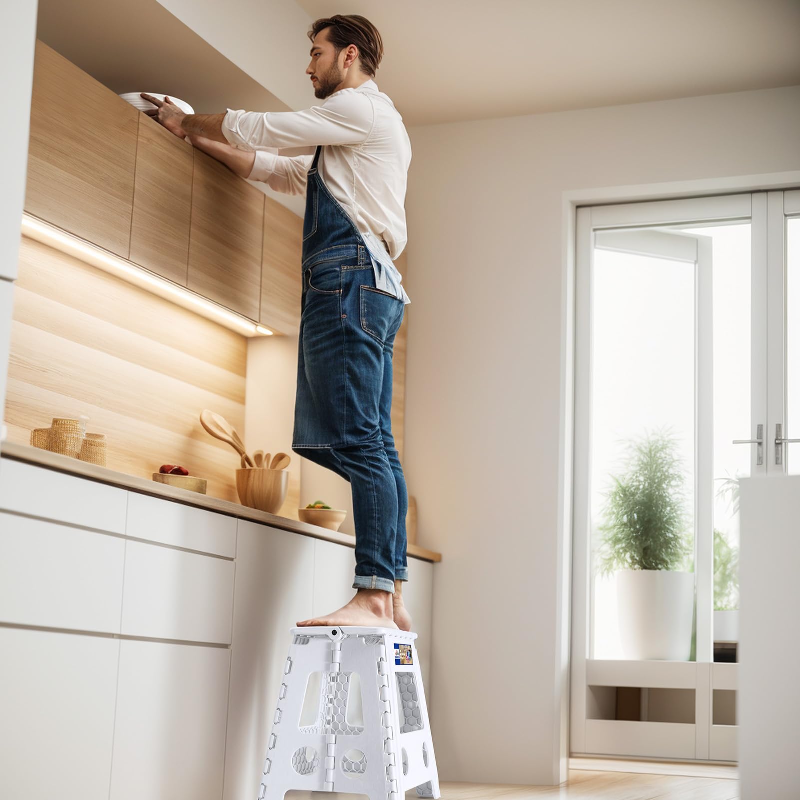ACKO stool in kitchen setting for elevated countertop tasks.