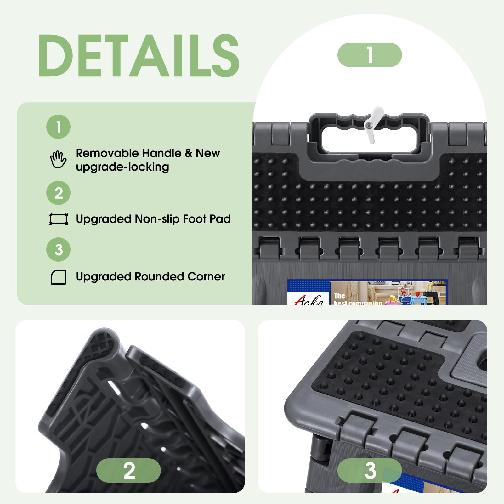 ACKO foldable step stool features non-slip surface for safer stepping.