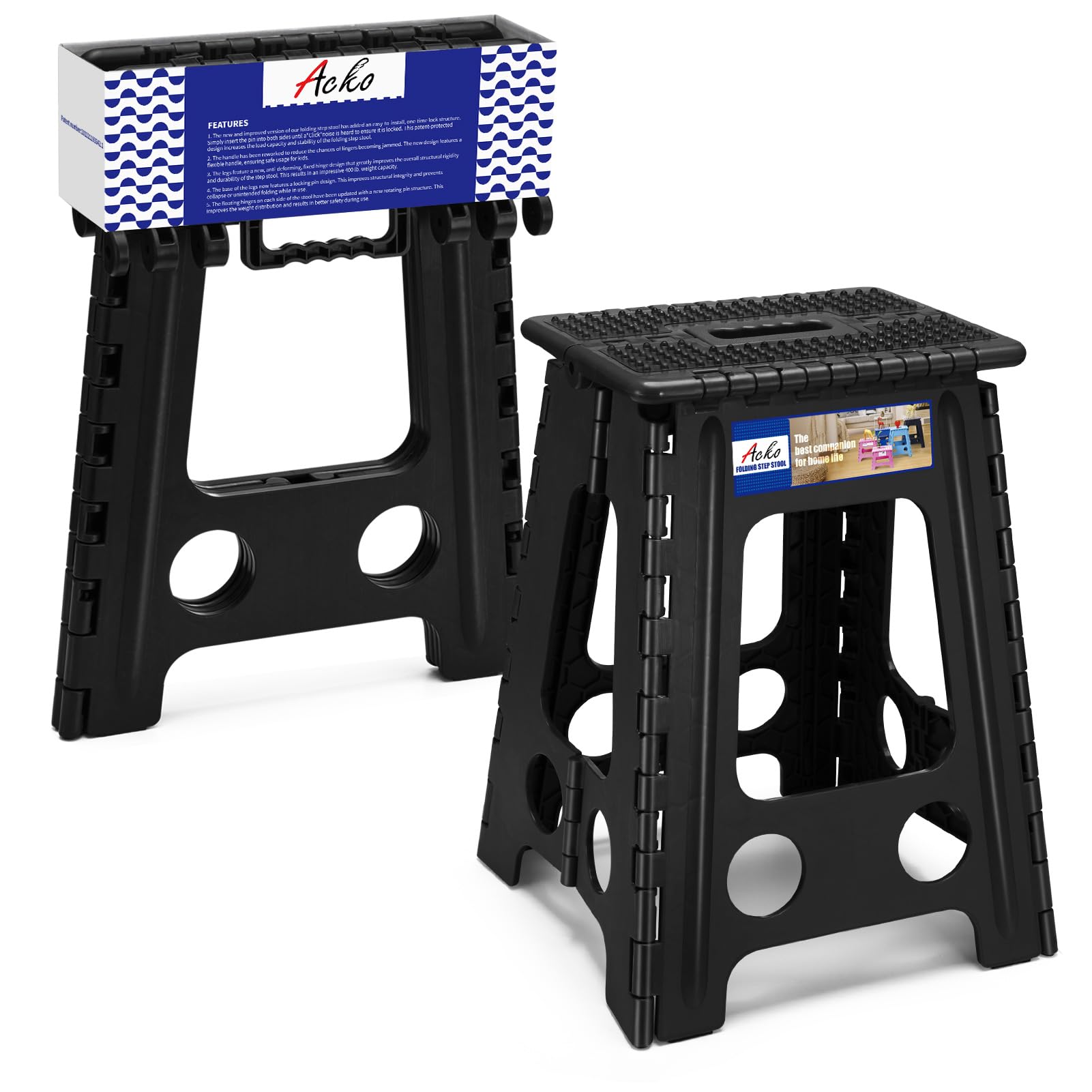 ACKO folding step stool pin-structure provides strong, reliable support for high-reaching tasks.
