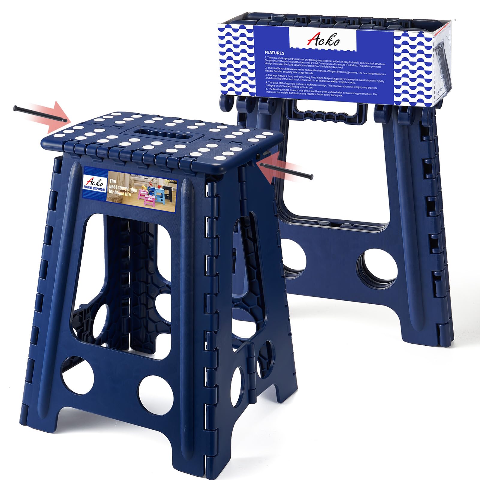 Acko folding step stool folded for compact storage, ideal in small kitchens.