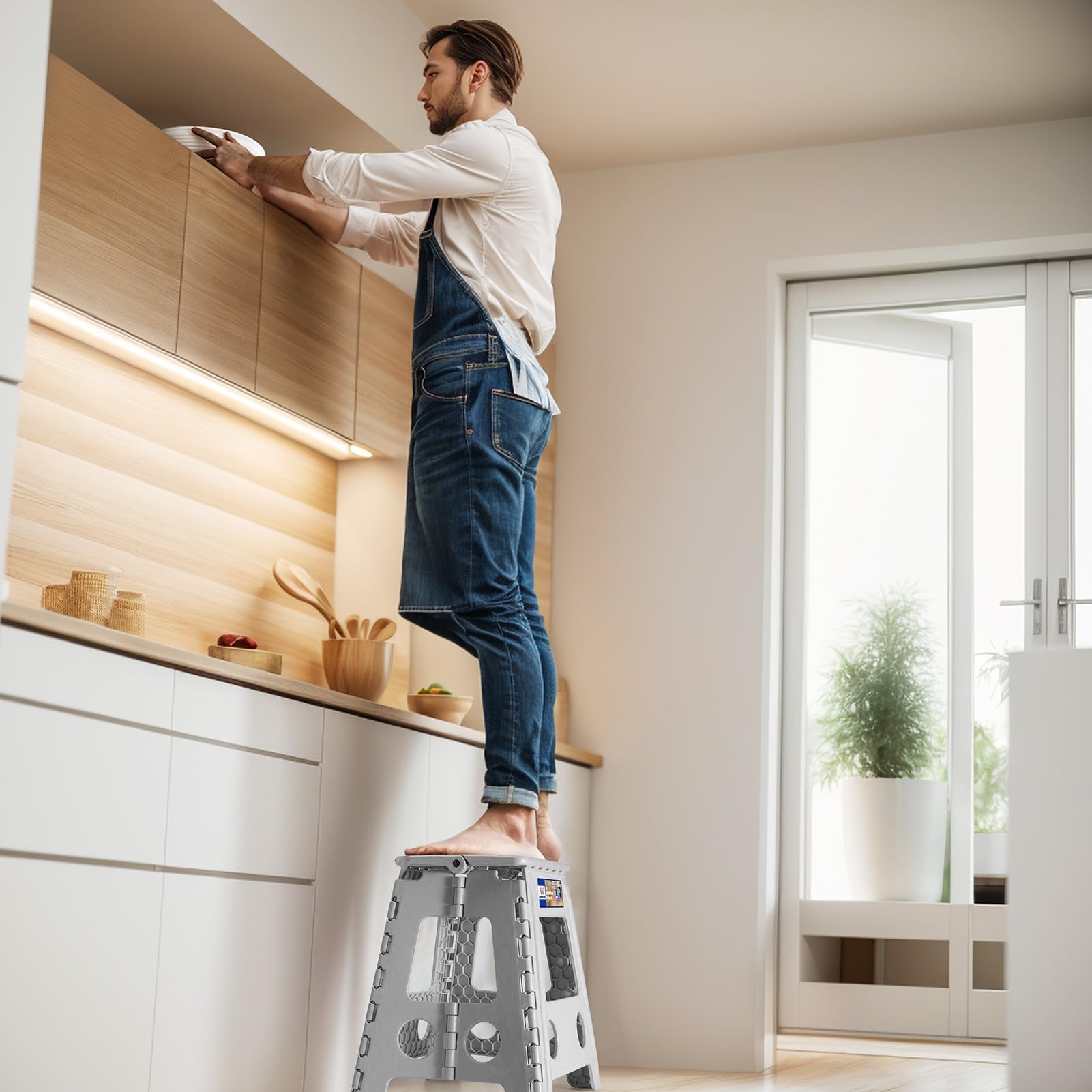 ACKO foldable stool with handle enables easy carry between rooms.