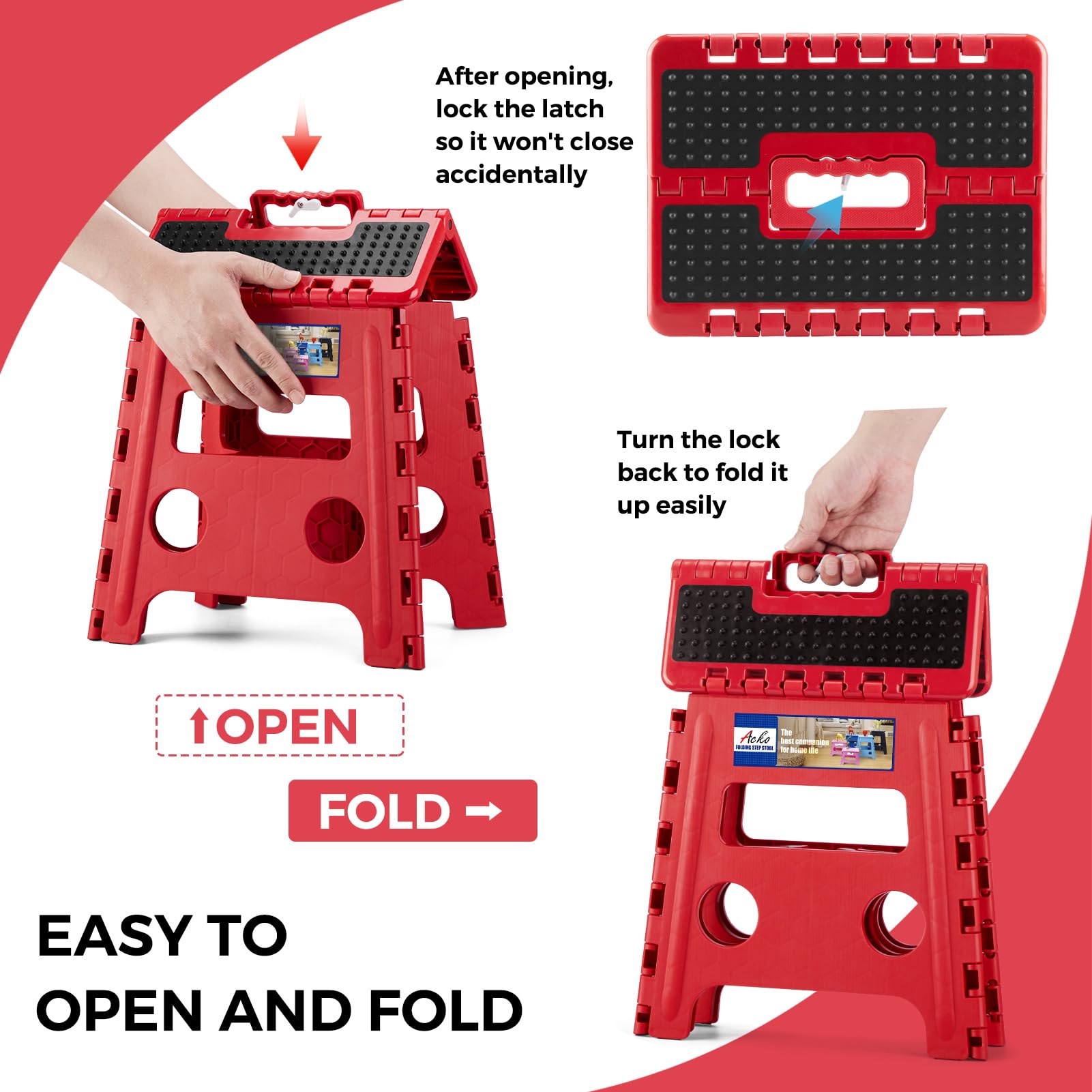 ACKO heavy-duty folding stool pictured in kitchen use for reaching high shelves.