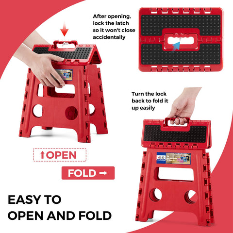 ACKO heavy-duty folding stool pictured in kitchen use for reaching high shelves.