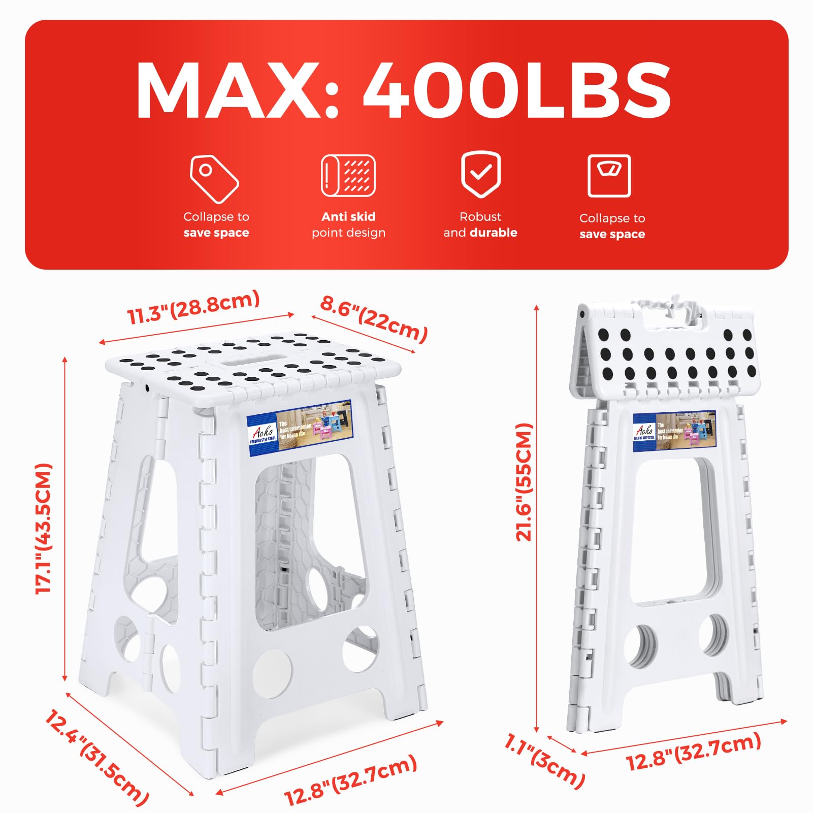 ACKO step stool supports up to 400 lbs for sturdy use