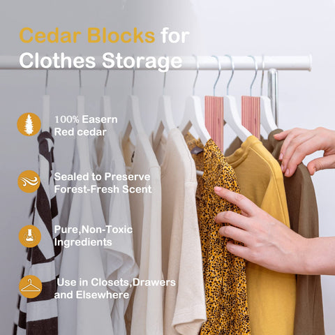 ACMETOP natural cedar blocks in a closet for odor control and moisture absorption.