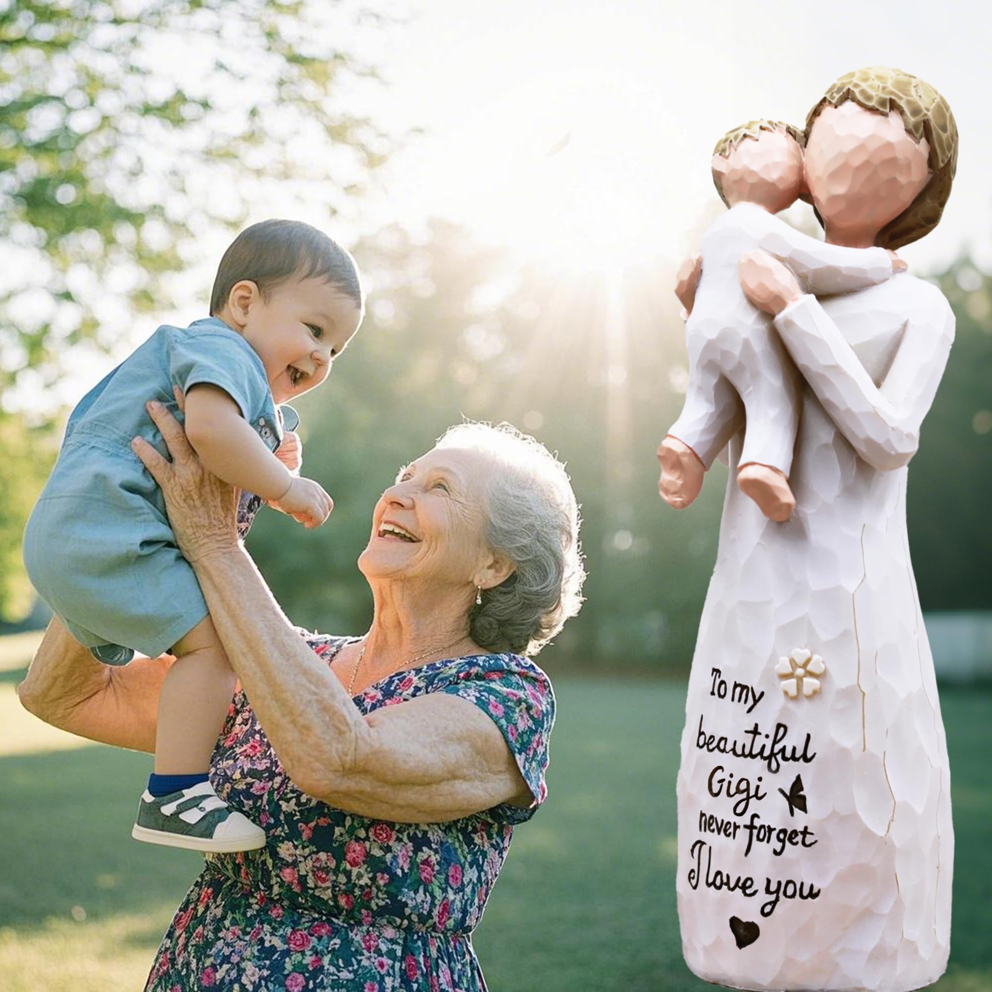 AcowSpt Gigi holding child front view figurine highlights tender grandmom bond.