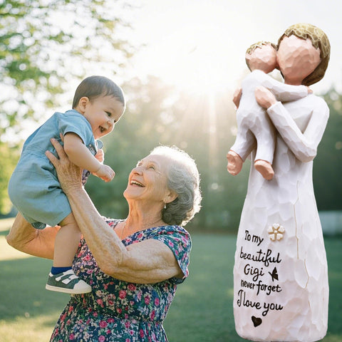 AcowSpt Gigi holding child front view figurine highlights tender grandmom bond.