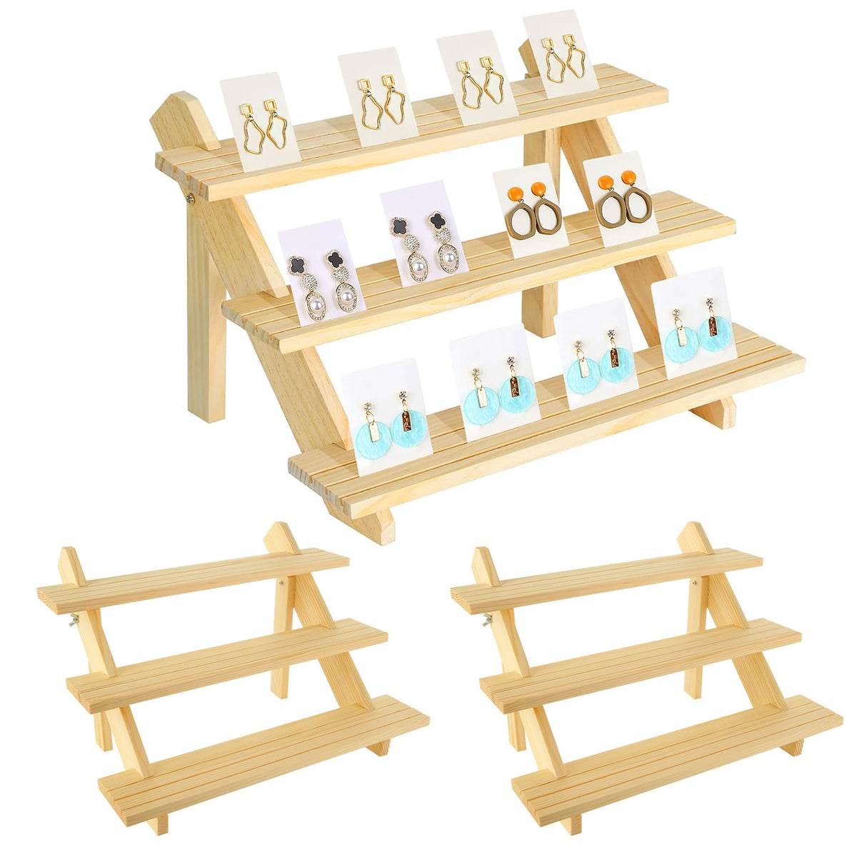 Acrux7 2 pack 3-tier wooden display stands show sturdy pine and rustic finish for jewelry displays