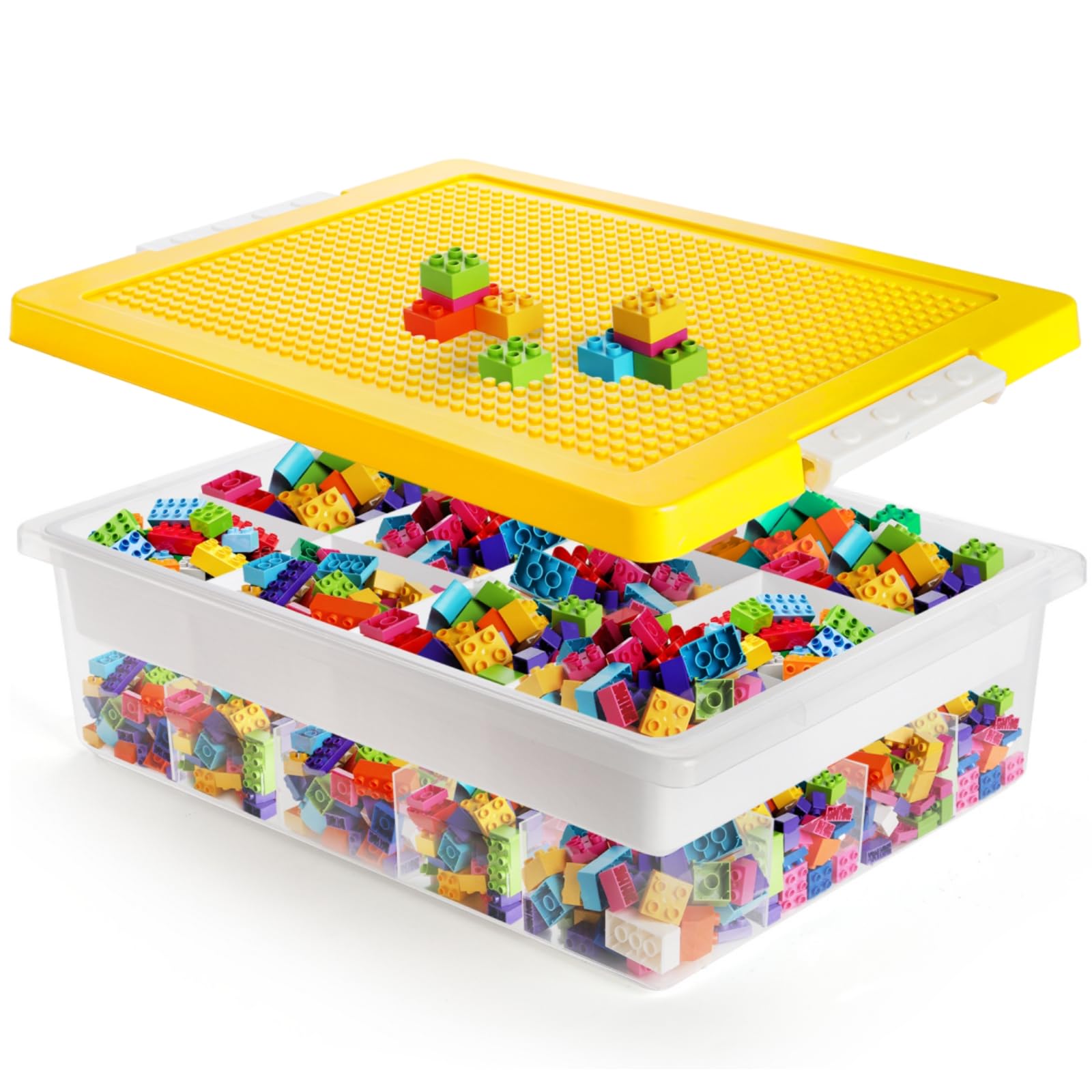 Acshio Building Block Organizer Bin lid keeps contents secure and spill-free during transport.