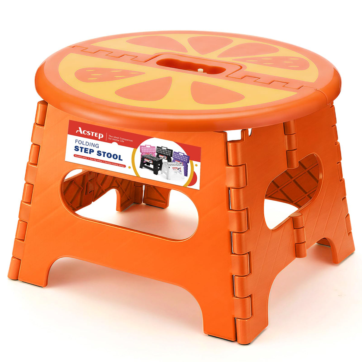 ACSTEP folding step stool in orange, 9 inches, for kitchen reach and easy tasks