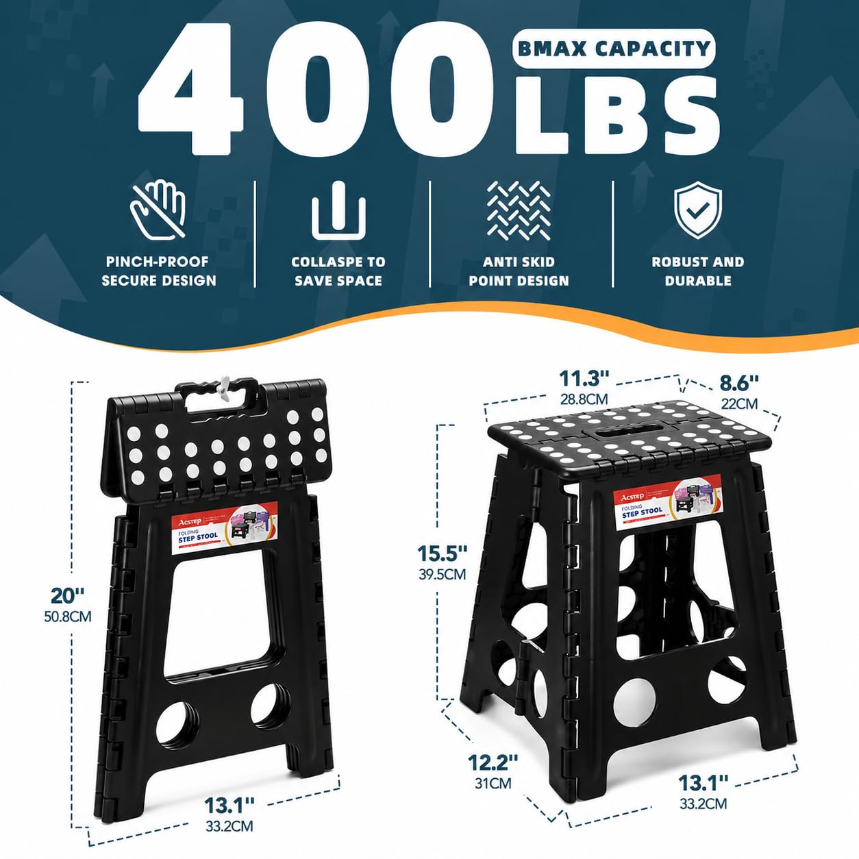 ACSTEP folding step stool non-slip surface for safe bathroom and kitchen use.