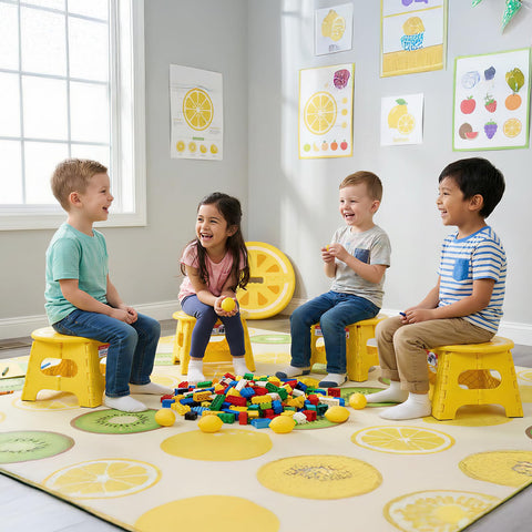 ACSTEP lemon-yellow folding stool adds a sunny touch to quick tasks.