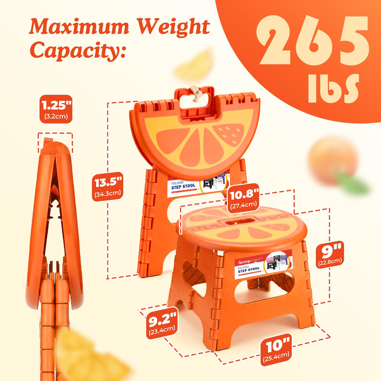 ACSTEP space-saving foldable stool in orange for compact storage
