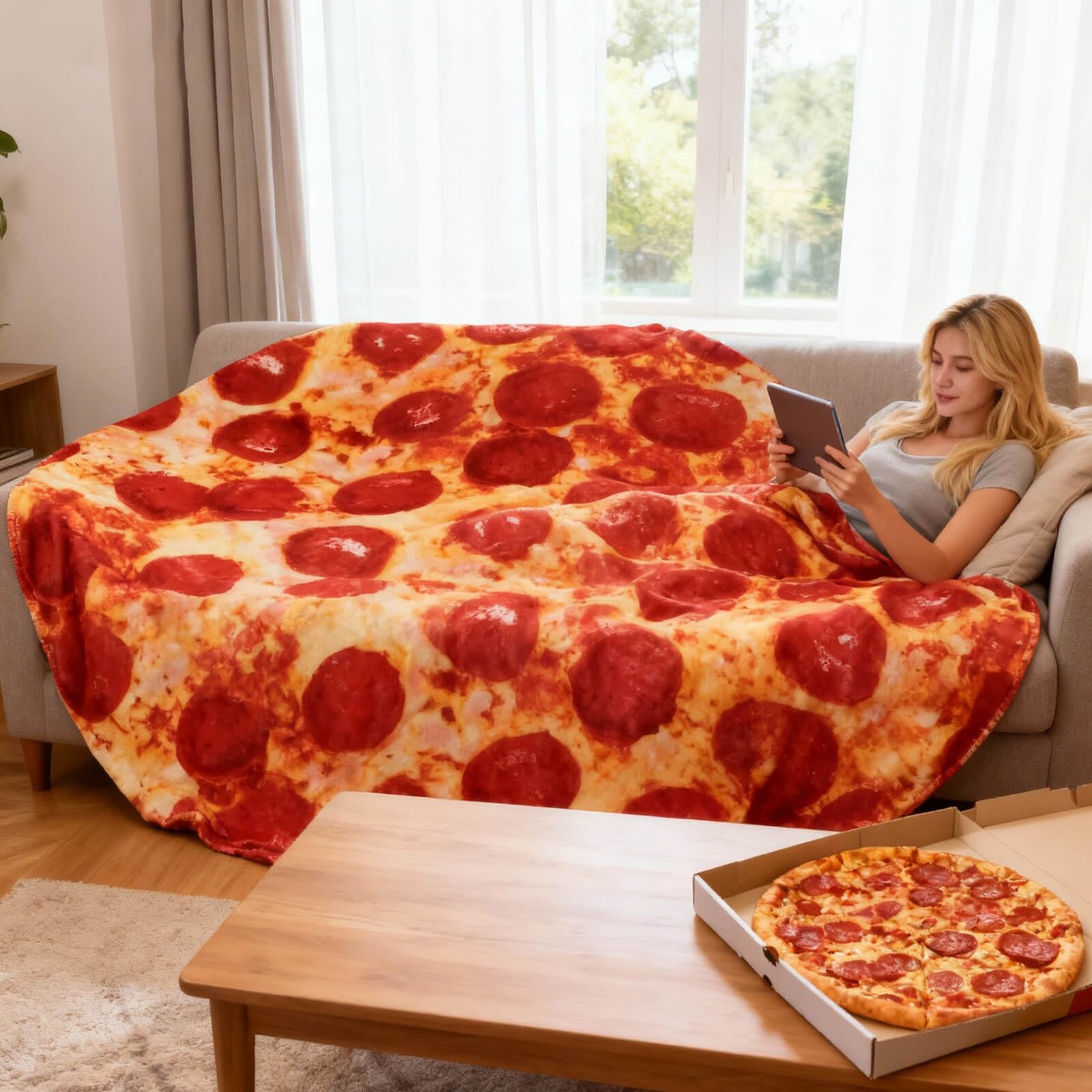 Acteb pepperoni pizza blanket folded for gifting, perfect white elephant idea