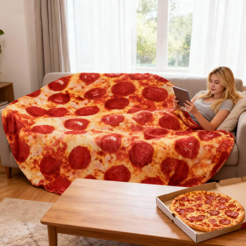 Acteb pepperoni pizza blanket folded for gifting, perfect white elephant idea