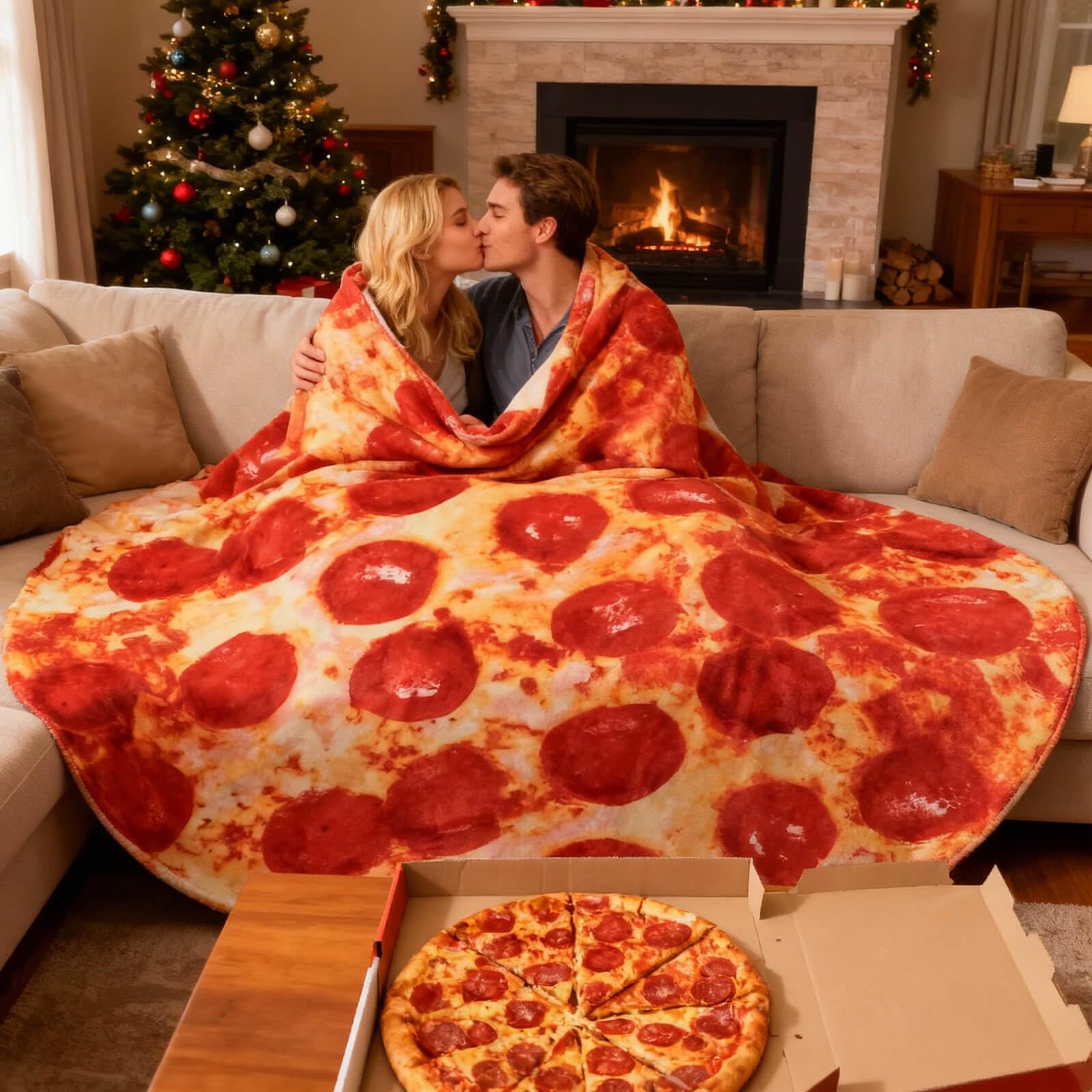 Acteb pepperoni pizza blanket full-size unfolded for lounging and crowd gatherings