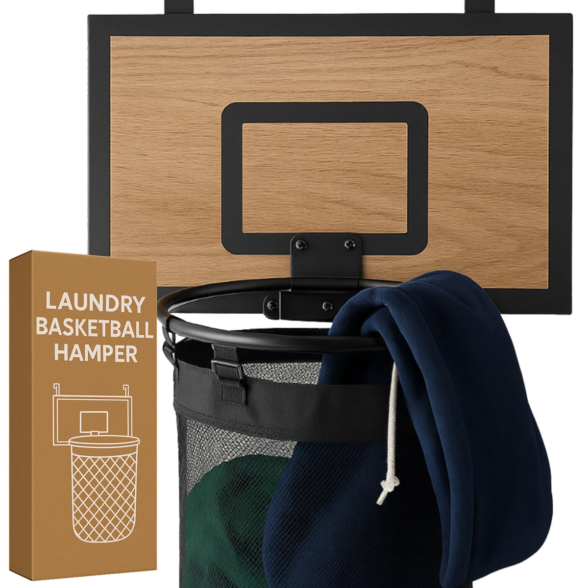 ActiveJoy basketball laundry hamper with wooden backboard for organized rooms