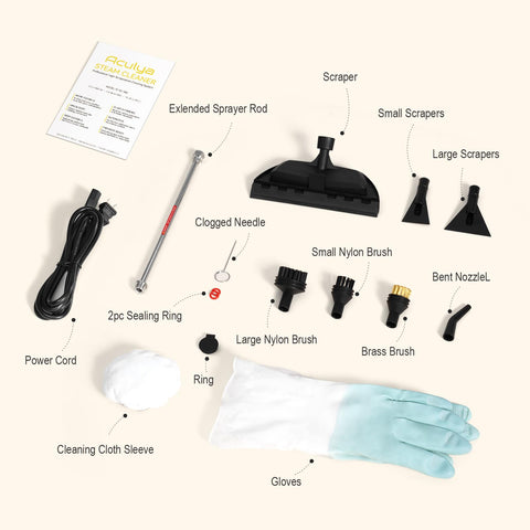 Aculya Life handheld steam cleaner accessory kit includes tools for every surface.