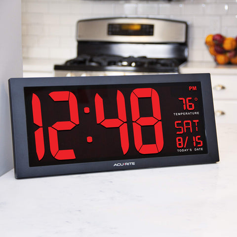 AcuRite 14.5-inch clock display showing time, date, and inside temperature at a glance